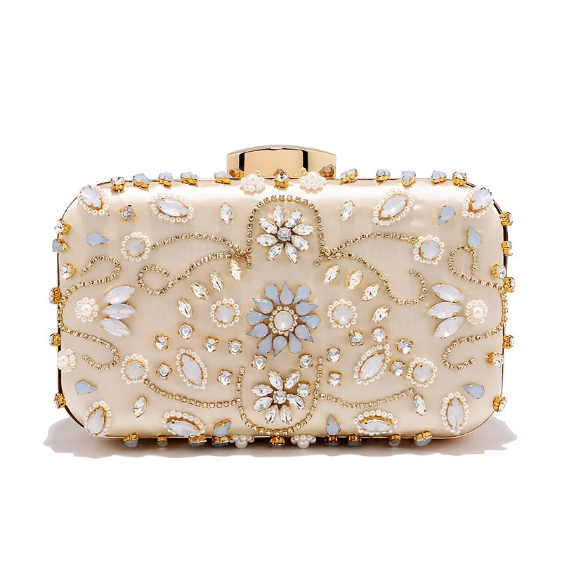 Elegant black satin clutch with rhinestone embellishments and chain